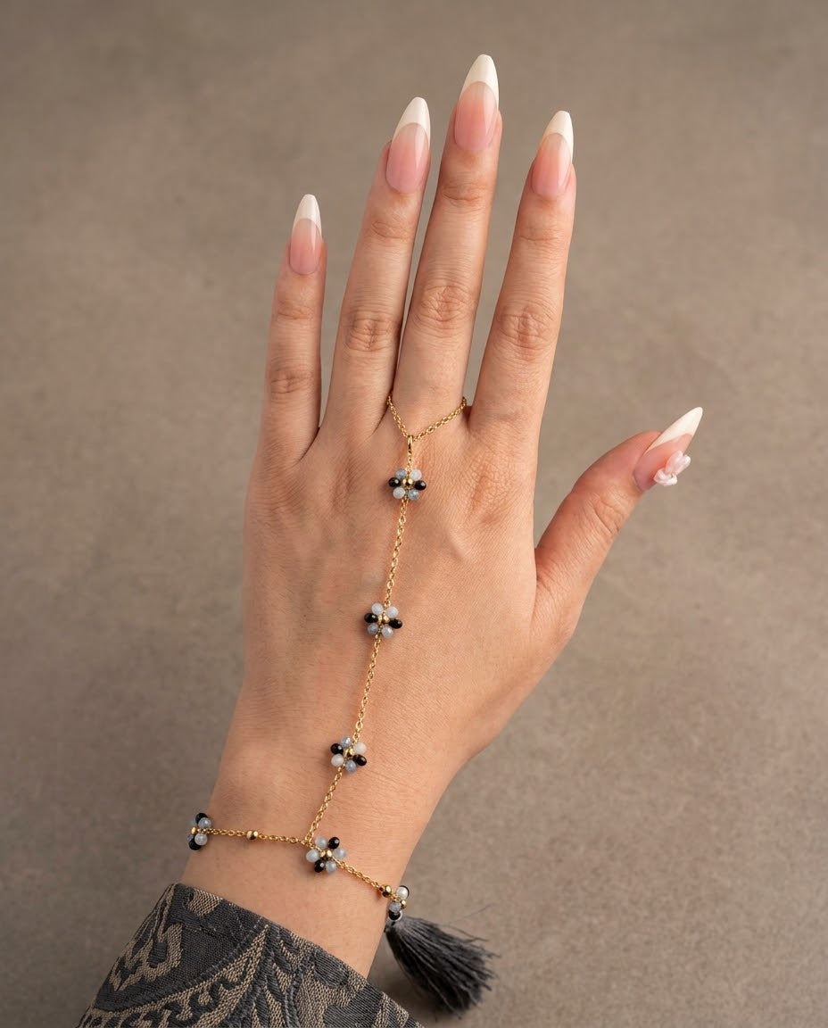 Black & Gray Floral Hand Chain Bracelet