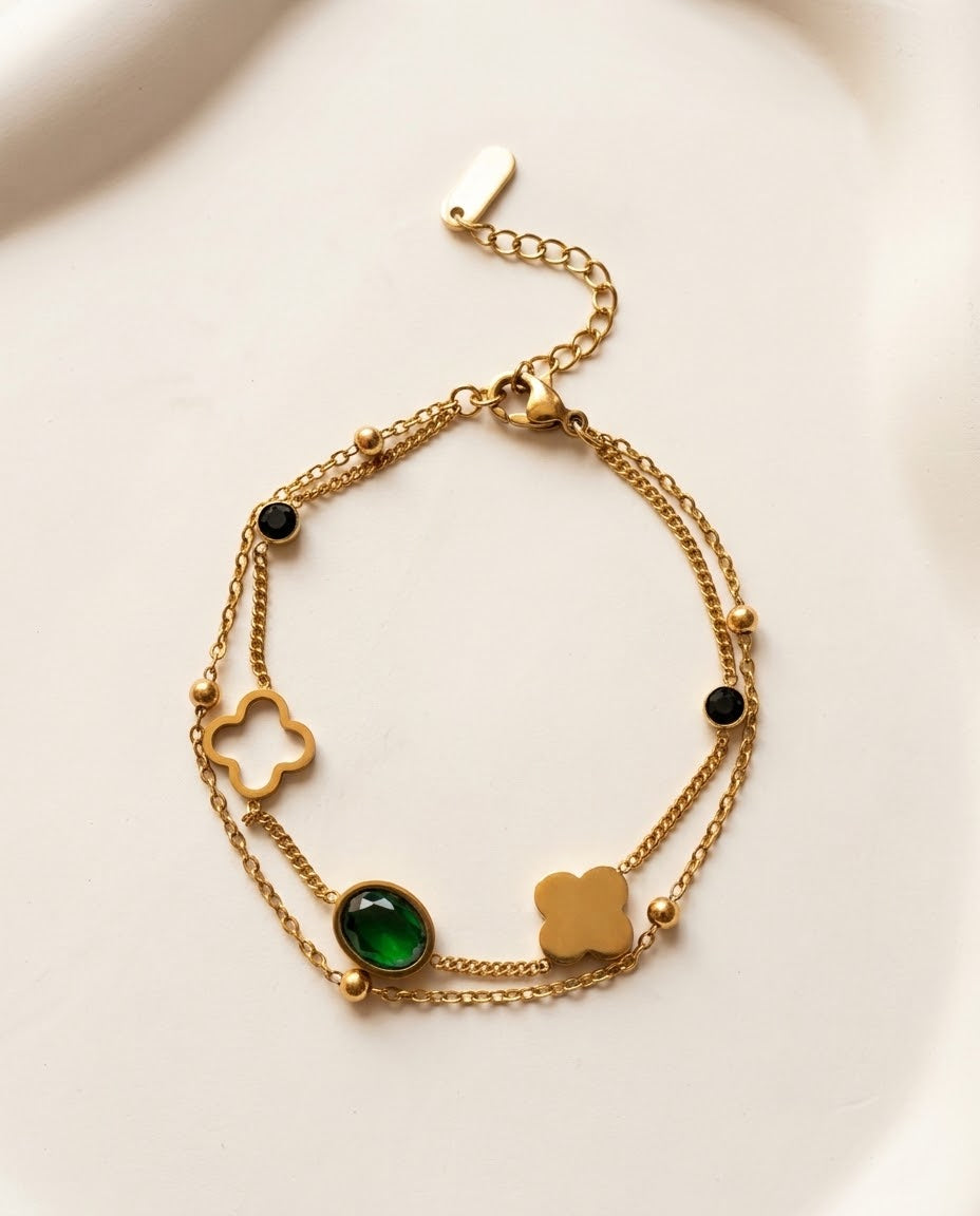 Gold-Tone Green Clover Layered Bracelet