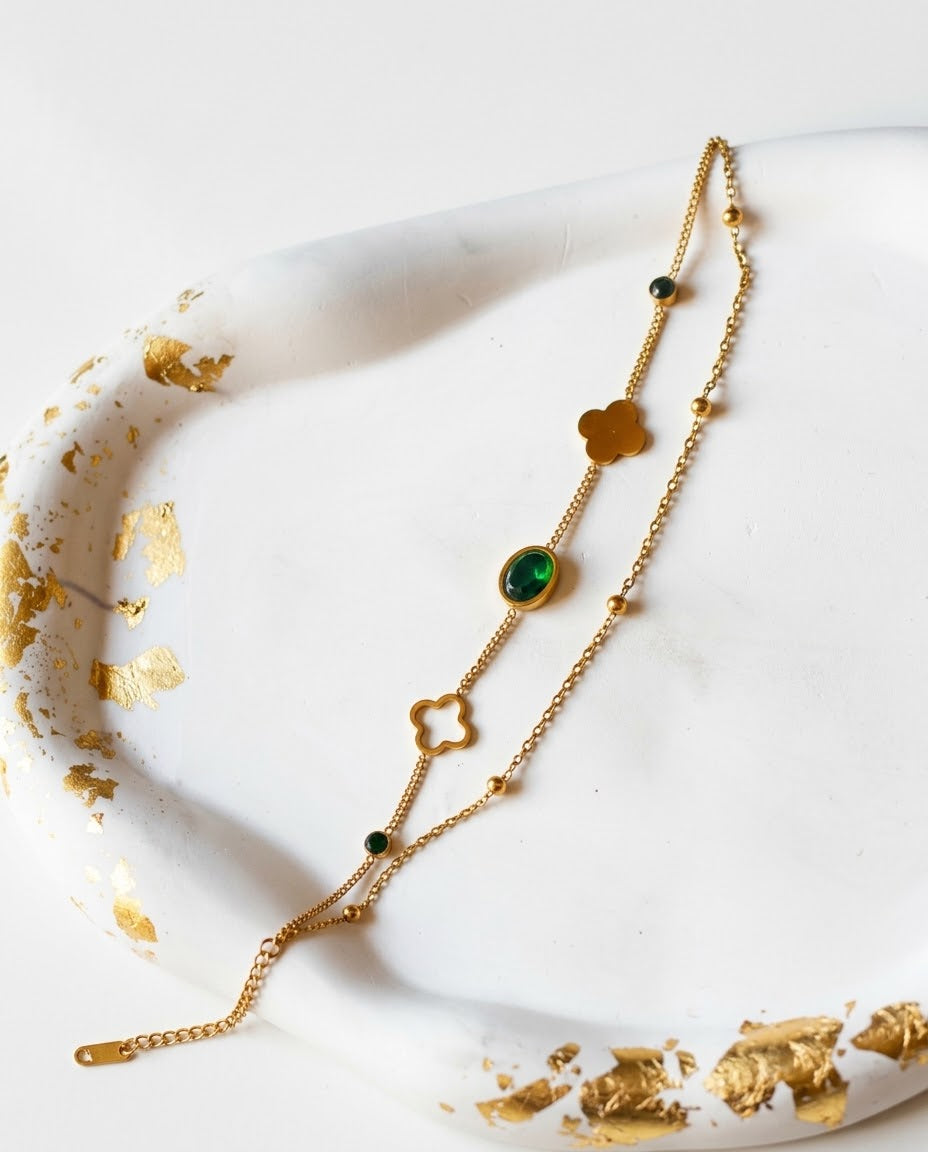 Gold-Tone Green Clover Layered Bracelet